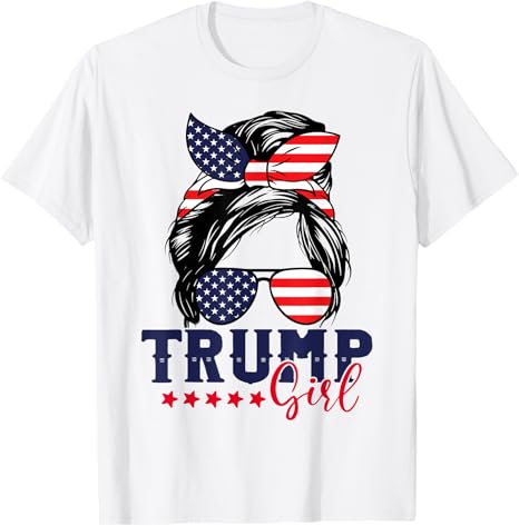 Trump Girl Messy Bun Trump 2024 Election American Flag T-Shirt